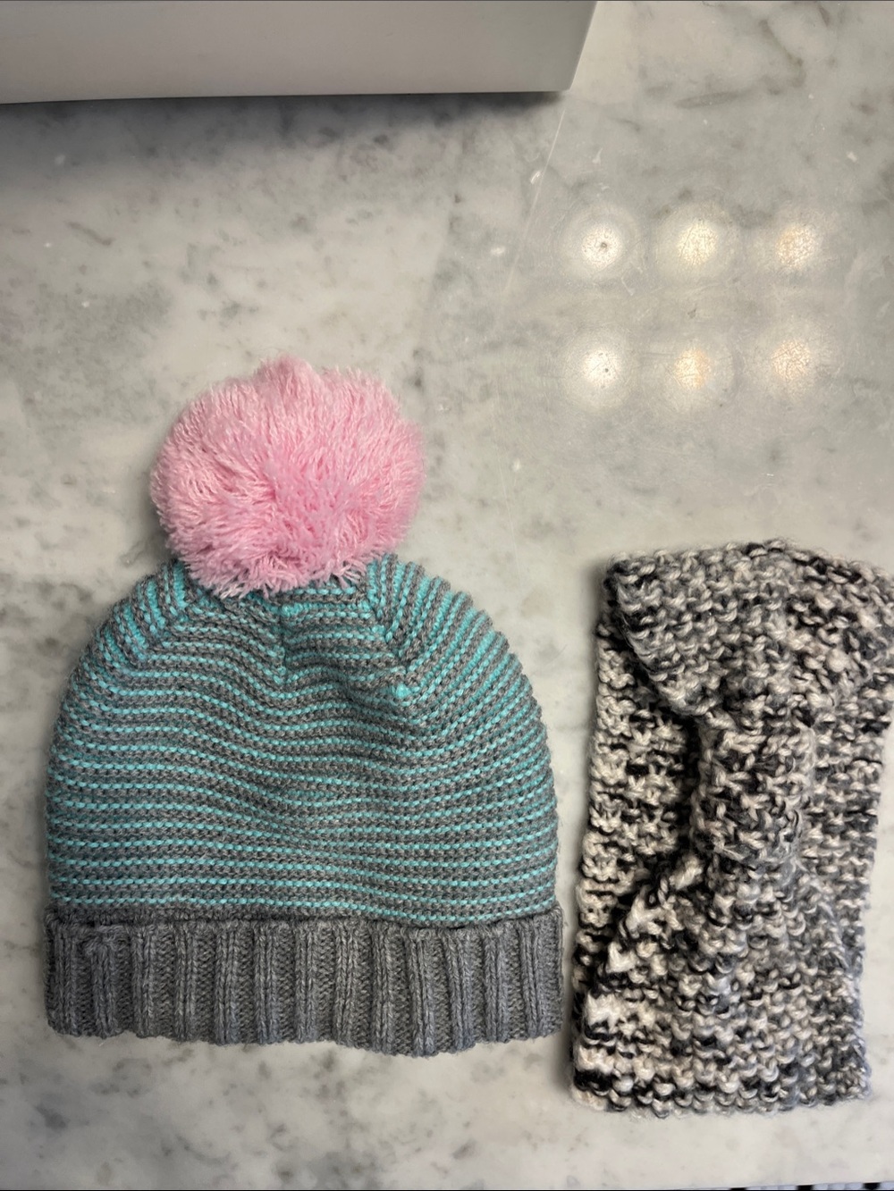 Kids Mint & Gray Knit Beanie with Pink Pom and cozy head band